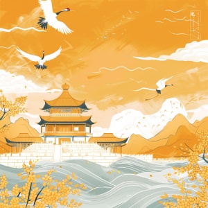 一张卡通插画,展示了一座古代中国建筑物,采用黄白配色,天空中飞着鹤,地面上有黄豆,水波流动。平面设计风格和矢量插画风格,线条简单,手绘细节。背景是宋代精细画风格的山水画。封面简洁,背景干净,以中国新年为主题。高分辨率,高质量。