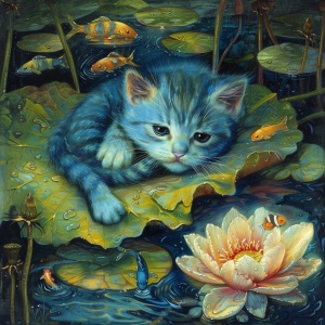 一个蓝色的小猫，躺在水中的荷叶上，看着水里游来游去的鱼