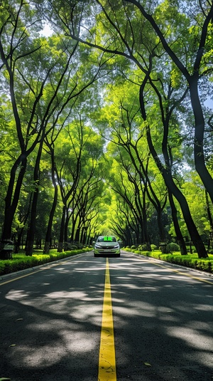 在明媚的阳光下，一条宽阔的马路向前延伸，两旁的树木郁郁葱葱，树叶在微风中轻轻摇曳。马路中央，一辆纯电动车正静静地驶过，没有尾气的排放，只有清新的空气。车身上，绿色的标志熠熠生辉，象征着环保与希望。画面的背景是蔚蓝的天空和洁白的云朵，仿佛在诉说着我们对绿色生活的向往与追求。在这张海报中，让我们一起呼吁大家选择绿色出行，保护我们共同的家园。