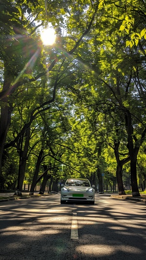 在明媚的阳光下，一条宽阔的马路向前延伸，两旁的树木郁郁葱葱，树叶在微风中轻轻摇曳。马路中央，一辆纯电动车正静静地驶过，没有尾气的排放，只有清新的空气。车身上，绿色的标志熠熠生辉，象征着环保与希望。画面的背景是蔚蓝的天空和洁白的云朵，仿佛在诉说着我们对绿色生活的向往与追求。在这张海报中，让我们一起呼吁大家选择绿色出行，保护我们共同的家园。