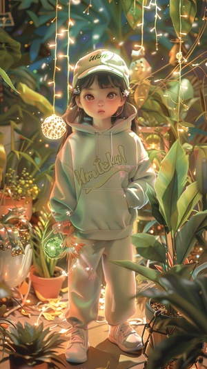 The festive poster exudes an atmosphere, with a super cute little girl wearing a light green sports hoodie, sports pants, a baseball cap on her head, holding a baseball bat in her hand, standing next to a green plant in the center. The background is a garden, with warm and vibrant colors, and the plant is adorned with decorative lights. The little girl has festive decorations, ribbons, and fireworks around her