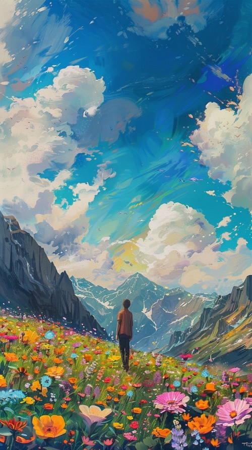 一半画面一个男人站在开满鲜花的草原上仰望，画面一半，远处有山天空蓝天白云
