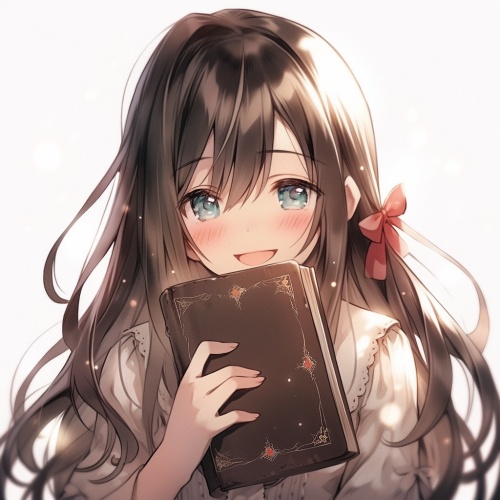 A beatutiful young girl who smiles, wearing a pick dress with long straight hair her hands holing an English novel. She has big black eyes.