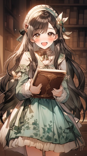 A beatutiful young girl who smiles, wearing a pick dress with long straight hair her hands holing an English novel. She has big black eyes. Background: in a magic school pick dress high quality