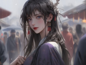 中国古代风格，一个美丽的女人，深紫色束腰汉服，平静，漠然的表情，站着，黑色披肩长发，斜刘海，背景古代热闹的集市，背景虚化，,看向镜头,精致五官,,高清画质，8k
