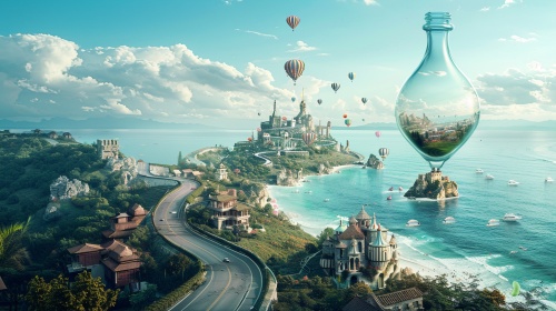 A transparent glass bottle with spiraling roads,cities, placed on an island, surrounded by sea water, hot air balloons, blue skies, real texture,commercial photography, superior sense,fantastic, epic, HD 8k