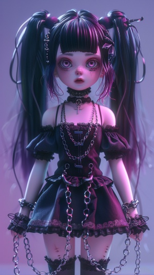 可爱的哥特风格猫耳女孩,全身，扎着粉色和紫色挑染的黑色双马尾,大眼睛,穿着一件带有链条的深色连衣裙,全身照以超现实主义风格使用虚幻引擎5渲染。盲盒手办，4K