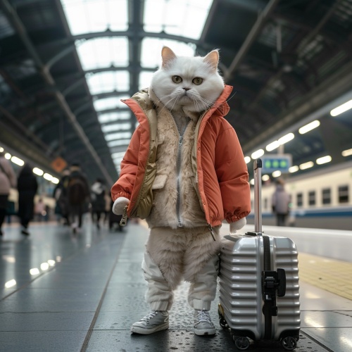A cute white cat, holding a 19 Degree Aluminum trolley case behind him, wearing a designer down jacket and pants, or a Bosideng down jacket and pants, with sneakers on his feet, standing on the platform of a Chinese high-speed rail station, on the platform, inside the station, with the head of a Chinese high-speed rail train behind him, with pedestrians walking by, waiting to enter the station and board the train, rendered in 3D,C4D, hyper quality, high resolution,16K v 6.0 ar 2:3