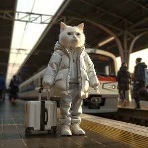 A cute white cat, holding a 19 Degree Aluminum trolley case behind him, wearing a designer down jacket and pants, or a Bosideng down jacket and pants, with sneakers on his feet, standing on the platform of a Chinese high-speed rail station, on the platform, inside the station, with the head of a Chinese high-speed rail train behind him, with pedestrians walking by, waiting to enter the station and board the train, rendered in 3D,C4D, hyper quality, high resolution,16K v 6.0 ar 2:3