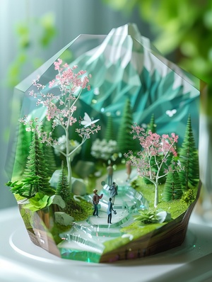 3D miniature lanDscape, spring, glass flowers, mountain forest, glass green leaves, transparent trees, people walking on the roaD, white anD pink, blue sky, glass texture, transparency, Soft sculptural, Dream-realist-style renDering of scenes using a wiDe-angle lens anD Depth of fielD to create a paper-art illustration-style octagonal renDering, Sparkling anD translucent, axial photographic effects anD ultra-clear Details, bright colors, bolD color combinations, blurreD foregrounD.