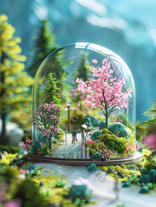 3D miniature lanDscape, spring, glass flowers, mountain forest, glass green leaves, transparent trees, people walking on the roaD, white anD pink, blue sky, glass texture, transparency, Soft sculptural, Dream-realist-style renDering of scenes using a wiDe-angle lens anD Depth of fielD to create a paper-art illustration-style octagonal renDering, Sparkling anD translucent, axial photographic effects anD ultra-clear Details, bright colors, bolD color combinations, blurreD foregrounD.