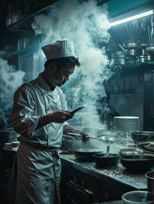一名中国厨师，看手机，离不开手机，炒菜的灶台，炒菜，摄影师Dan Winters，电影摄影风格，大师级摄影。
