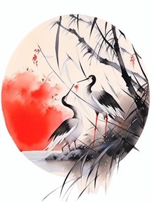 丹顶鹤，折扇，竹子，山水，水墨画中国风，主体构图靠边，居中部分留白