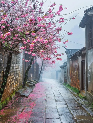 江南小镇，青石板路，烟雨江南 ，桃花盛开