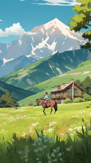 In the foreground is an open grassland with dense green trees and light blue snowcapped mountains in the distance. A person riding on horseback walks through it towards the right side of the screen. There is one wooden house next to white flowers, in the style of John Holcroft for Ghibli style, flat illustration, green background, wide shot, high angle view, bright color tone, simple details, minimalist, flat design, low detail