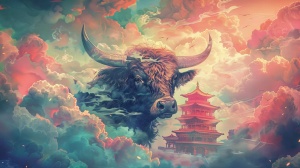 画一幅禅意绘画，祥云围绕的一头牛，弯弯的犄角，背景为天宫