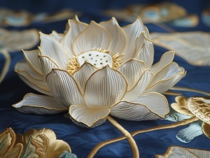 蓝底，锦绣金莲，苏绣工艺，对称构图，白色和金色的莲花，苏绣，游丝面料•精湛的工艺，梦幻般的品质，多层次，传统精髓，电影胶片，金莲花花心金黄似皇冠，在古代只有贵族皇室才能佩戴，因此它被称为高贵的象征；而其花瓣洁白如玉，又象征着纯洁无暇的爱情和美好的生命。金莲花盛开，是希望的象征，尤其在险恶的处境中，它的绽放传递着生命的希望。金莲花具有神秘独特的特色、层层叠叠的形态，本次再采用立体刺绣的风格