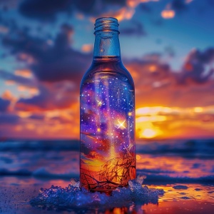 一个漂亮的七彩琉璃瓶，里面装着星海世界，树木，花草，银河系，放在冰面上，背景是夕阳下的沙滩，梦幻，唯美，文艺，史诗级画面，真实摄影质感，高清8k
