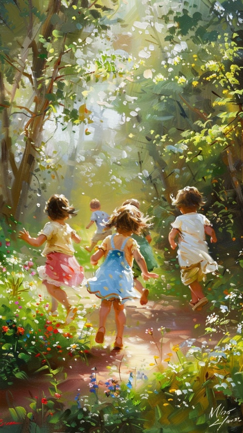 在阳光明媚的清晨，孩子们在户外快乐的奔跑，绿树成荫，鲜花盛开，孩子们洋溢着快乐的笑容，整体颜色鲜亮，温馨