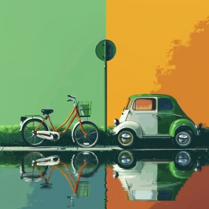 骑车vs使用燃油车，绿色环保，背景是分裂互补色