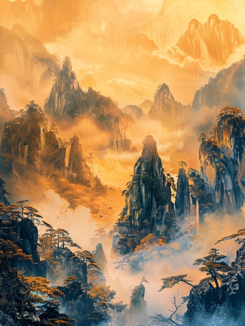 中国传统山水画，广角镜头，高细节，景深，超高清，8K，山海经中的招摇山，丽麂水从这座山发源，然后向西流入大海，水中有许多叫作育沛或琥珀的东西，金黄色调