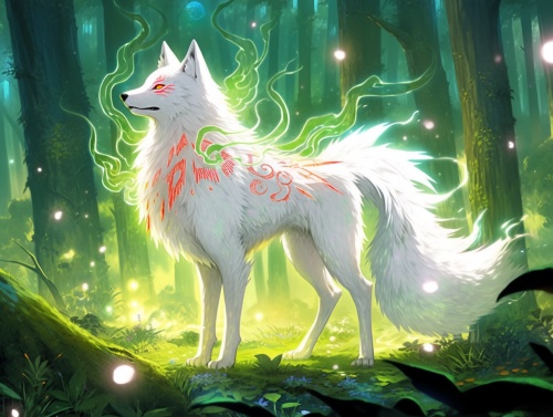 妖娆飘逸、雪白如玉、闪烁着神秘光芒的九尾白狼，在茂密的竹林中徜徉。纤长的触角舞动间，熠熠生辉；明亮的眸子透露出智慧与狡黠；蓬松的尾巴如云彩般飘逸，每一根毛发都闪耀着银色的光晕。妖艳而优雅的九尾白狼显得与众不同，无论身姿还是气息都散发着一种神秘迷人的魅力，如诗如画，令人心醉神迷。