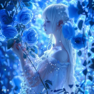 一朵蓝色的玫瑰，一个留着银色长发、留着刘海的女孩，穿着白色连衣裙，手里拿着花，一个梦幻的背景，卡通的风格，一个幻想的世界，一个蓝色的灯光效果，发光的效果，明亮的颜色，高清晰度