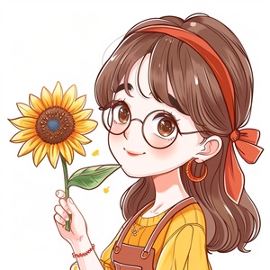 Cute cartoon girl holding flower, simple drawing style, Korean illustration art style, cute hairstyle, hair band, sticker design, white background, cute and dreamy style, cartoon character illustration. A single yellow sunflower is placed next to it. Her hand holds an orange earring with red rimmed glasses hanging from one ear.,in kawaii chibi style, korean webtoon