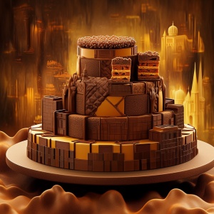 A delectable chocolate-themed, anime-inspired landscape unfolds before the eye. Rich, velvety hues of cocoa brown and deep maroon create a sumptuous二次元世界. Soft, warm lighting bathes whimsical, pixelated chocolate characters in a golden glow, as they interact in a pastel-hued bakery setting. The composition is captured in a macro shot, accentuating the intricate details of frosted treats and swirling patterns. The overall aesthetic is a delightful fusion of artistic minimalism and fantastical realism, render