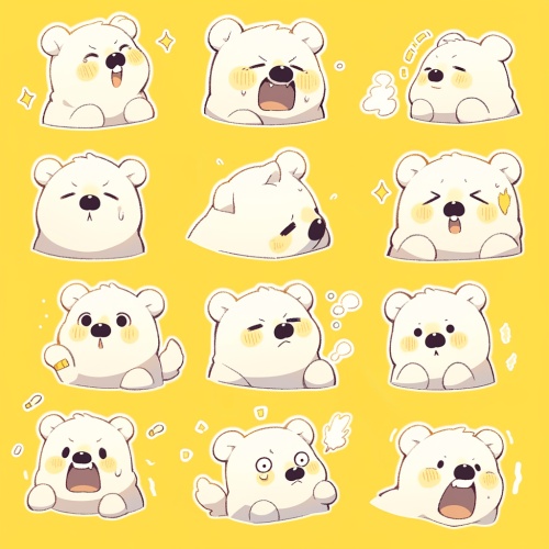 9张可爱的卡哇伊快乐北极熊面部表情贴纸,黄色背景上的白色边框,贴纸设计,矢量艺术风格,粗轮廓,不同情绪,上述所有表情的贴纸套装。