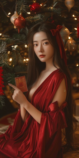 亚洲女人圣诞树前美丽齐胸连衣裙烛光摄影