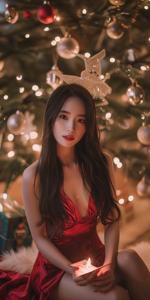 一个美丽的亚洲女人留着长发，头发上带着蝴蝶结，坐在圣诞树前，手里拿着圣诞卡，穿着红色齐胸连衣裙，面对镜头，美丽，柔和的烛光，膝盖向上，天鹅绒，放松，dslr，