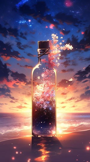 A beautiful glass bottle, which contains the world of stars, trees, flowers and flowers, the Milky Way,placed on the table, the background is the beach under the sunset, fantasy, aesthetic, literary, epic picture, true photographic texture, HD 8k