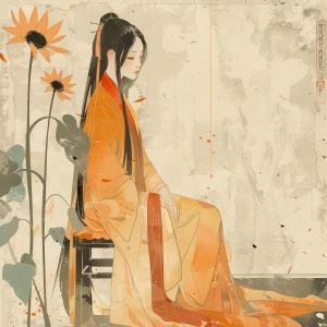 夸张高大的向日葵下，漂亮的女子坐在凳子补衣的剪纸