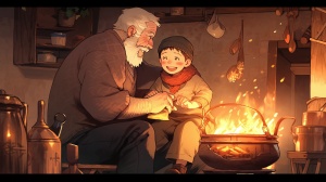 爷爷和长生在一起感受着温暖和家的温馨，火炉烧得暖暖的，两人面带微笑围坐在一起。