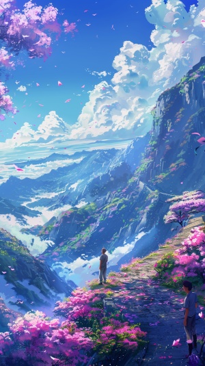 一半画面一个男人站在开满鲜花的长城下仰望，画面一半，远处有山天空蓝天白云