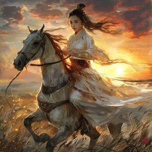 中国女侠，白色汉服，衣带飘逸，佩戴宝剑，骑在马上，落日余晖，黄河岸边