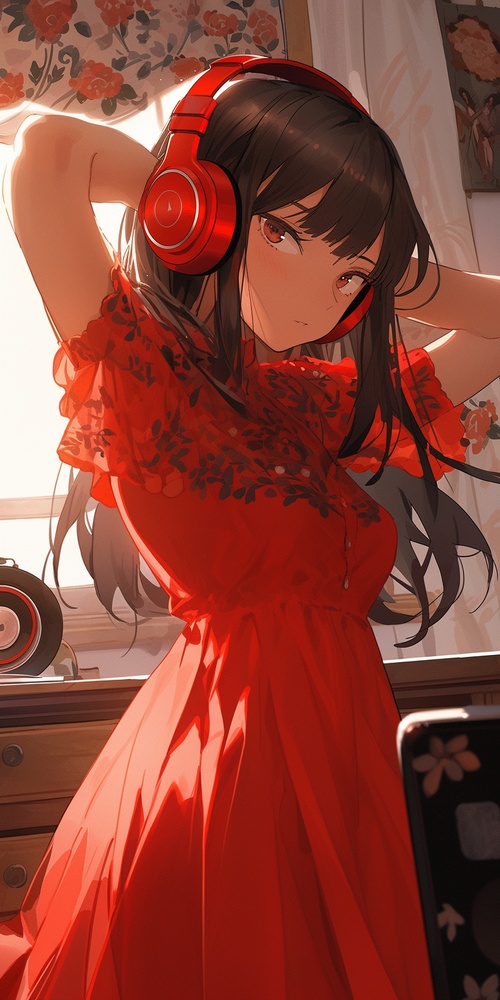 A girl who has big black eyes wearing a red dress with a big smile; wearing a headset; listening to music; background:her bedroom