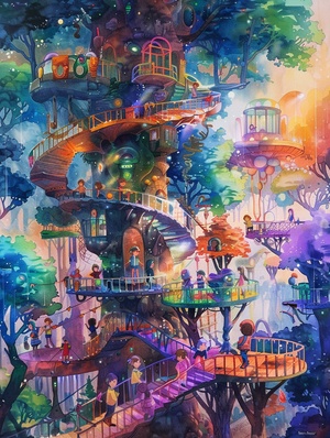 a wonderful watercolor painting of children playing in a futuristic playground with advanced technological equipment and strange creatures, in the style of Hayao Miyazaki, with a fairy tale atmosphere, outstanding works, super exquisite, highly detailed, stunning details, 8k wallpaper, digital art, official art。