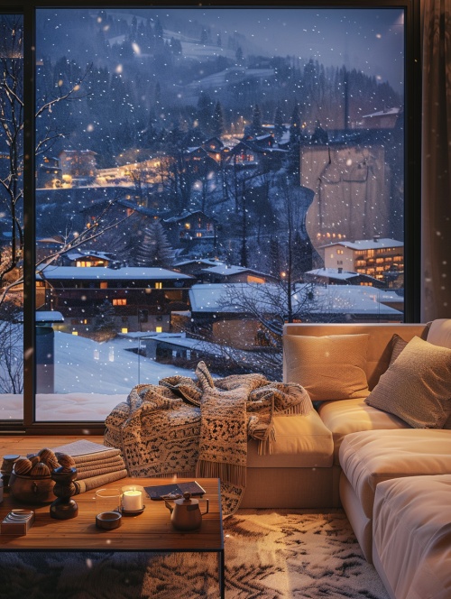On a cold snowy night, in a warm living room in a small Swiss town, light-colored sofas, blankets, simple and luxurious interior decoration, heater,panoramic oversized floor-to-ceiling Windows, the view outside the window is wide, warm color,real, high-definition