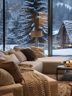 On a cold snowy night, in a warm living room in a small Swiss town, light-colored sofas, blankets, simple and luxurious interior decoration, heater,panoramic oversized floor-to-ceiling Windows, the view outside the window is wide, warm color,real, high-definition