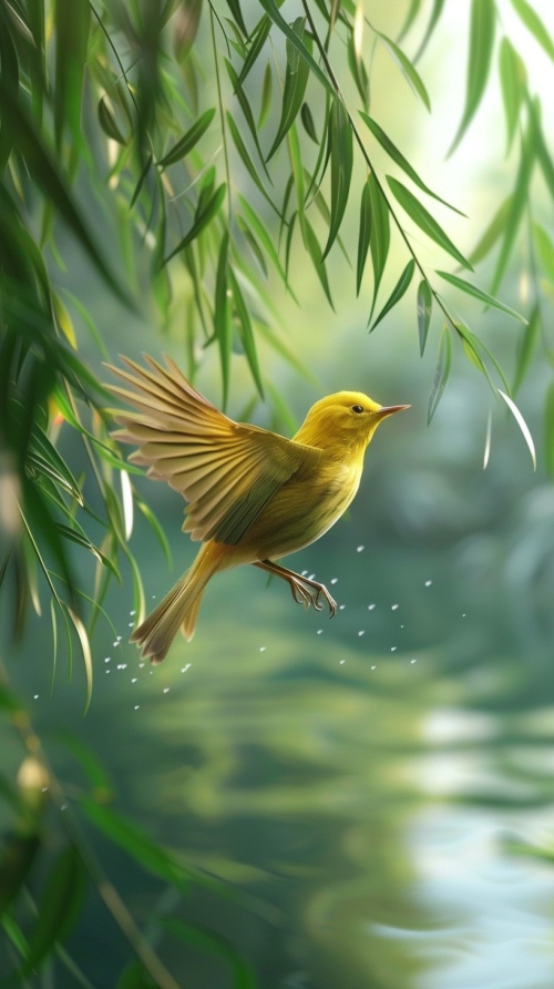 镜头对准一只黄莺，它在翠绿的柳树上跳跃。- 镜头慢慢拉远，展示黄莺的啼声在绿色背景中回荡。