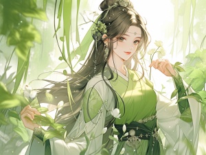 中国古代美女，绿色衣服，面容姣好，阳光明媚，微笑白色背景