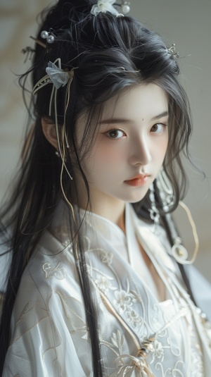 一个年轻的女孩，魏晋时期风格打扮，黑色长发，长睫毛精致，浅色发带，中国古风人物风格，高清晰度，高质量，4k