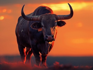 威猛的公牛与夕阳红天的写实商业摄影