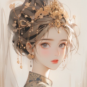 Beautiful anime girl, portrait of an elegant lady in the style of light gold and dark gray, romantic manga in the style of dark white and indigo, charming character illustrations with soft lighting, elegant hair accessories with exquisite headwear and hairpin earrings, gentle expression and delicate skin, high resolution and high detail front view in a Chinese painting style