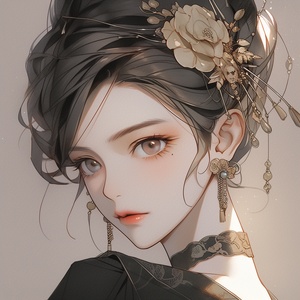 Beautiful anime girl, portrait of an elegant lady in the style of light gold and dark gray, romantic manga in the style of dark white and indigo, charming character illustrations with soft lighting, elegant hair accessories with exquisite headwear and hairpin earrings, gentle expression and delicate skin, high resolution and high detail front view in a Chinese painting style