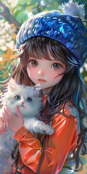 A cute girl holding a white kitten, wearing a blue hat and an orange skirt with long hair and bangs in the style of anime. Cute cartoon style with a colorful background and bright colors creating a dreamy atmosphere in high definition photography. ar 3:4 s 750 niji 6