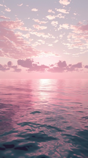 渐变的粉色天空，于海面连为一体，以模糊，梦幻般的氛围