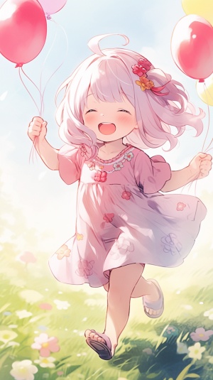 可爱小女孩手拿气球在草地上快乐奔跑